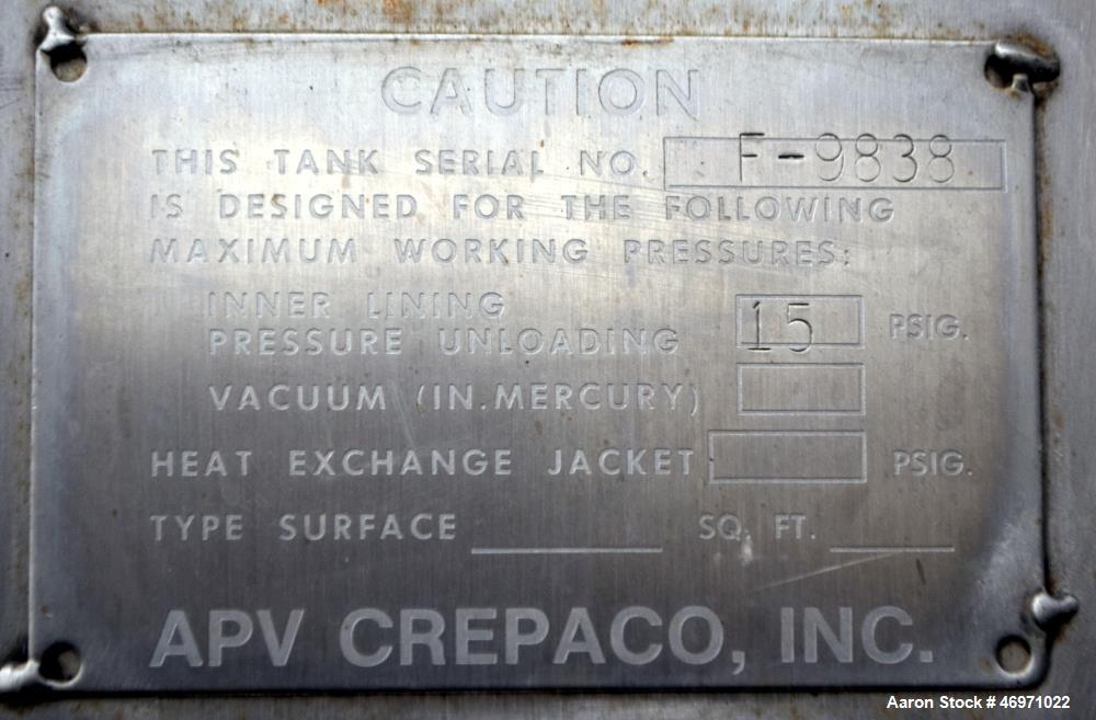 Used APV Crepaco Tank, 1500 Gallon, 304 Stainless Steel, Vertical. Approximate 84" Diameter x 56" straight side, dished top, 35 degree coned bottom. Internal rated 15 psi at 200 degrees F. Top enteri...