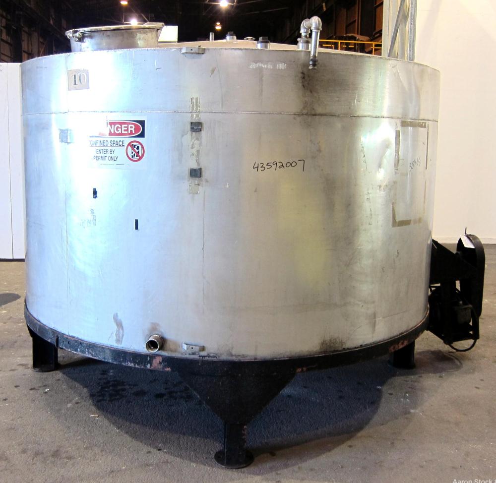 Used Acme Industrial Equipment Tank, 2200 Gallon, 304 Stainless Steel, Vertical. Approximately 104” diameter x 58” straight side, coned top and bottom. Bottom side entering agitator with a 3 blade pr...