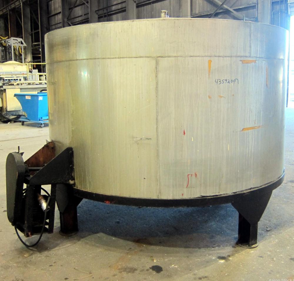 Used Acme Industrial Equipment Tank, 2200 Gallon, 304 Stainless Steel, Vertical. Approximately 104” diameter x 58” straight side, coned top and bottom. Bottom side entering agitator with a 3 blade pr...