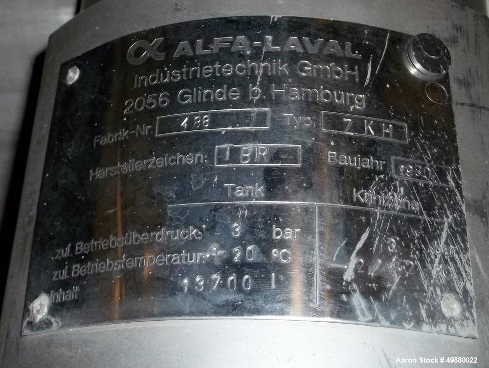 Used Alfa Laval tanks, type ZKH Capacity 13700 liter (3624), 316 stainless steel. Rated for 3 bar (45 PSI) at 20 deg C. (76 deg F). On 3 legs. Serial # 488.