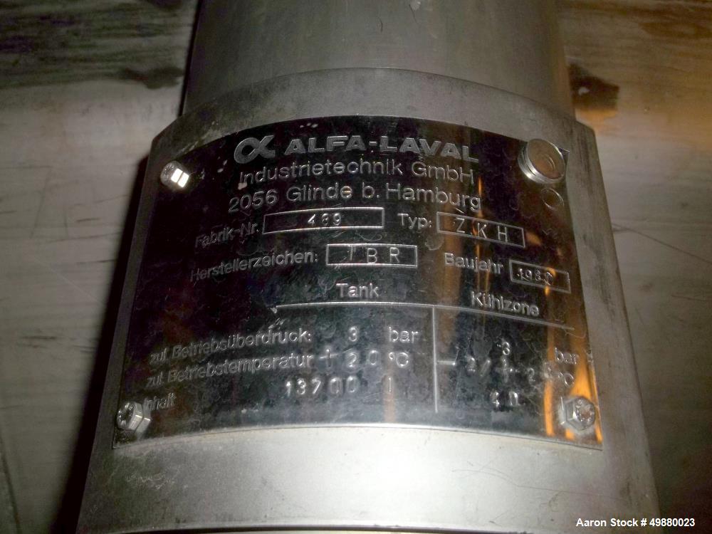 Used Alfa Laval tanks, type ZKH Capacity 13700 liter (3624 gallon), 316 stainless steel. Rated for 3 bar (45 PSI) at 20 deg C. (76 deg F). On 3 legs. Serial # 489.