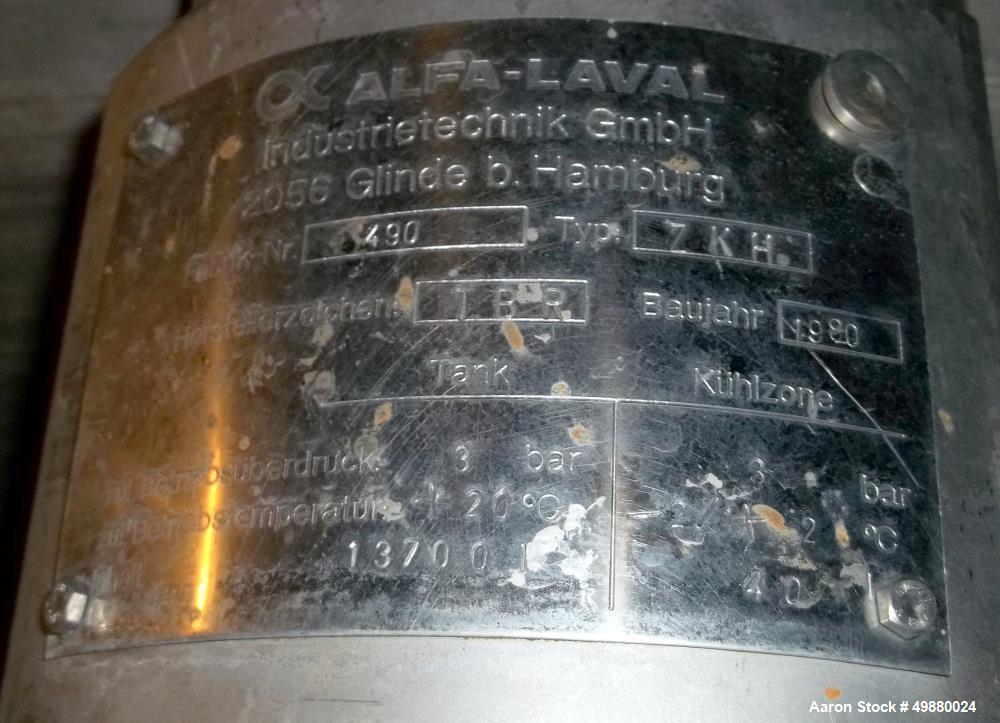 Used Alfa Laval tanks, type ZKH Capacity 13700 liter (3624 gallon), 316 stainless steel. Rated for 3 bar (45 PSI) at 20 deg C. (76 deg F). On 3 legs. Serial # 490.