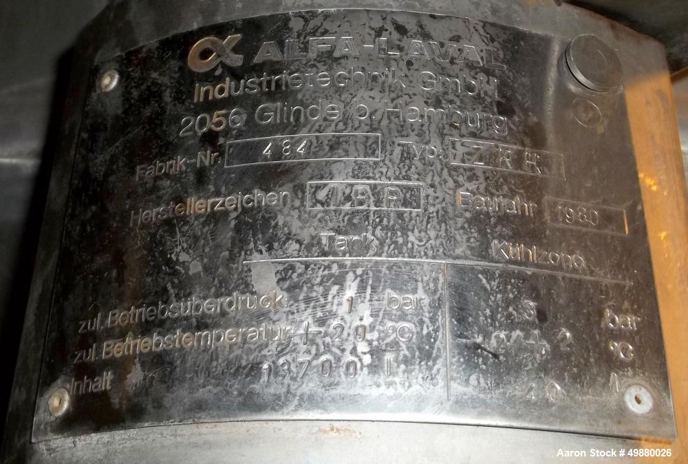 Used Alfa Laval tanks, type ZKH Capacity 13700 liter (3624), 316 stainless steel. Rated for 3 bar (45 PSI) at 20 deg C. (76 deg F). On 3 legs. Serial # 492