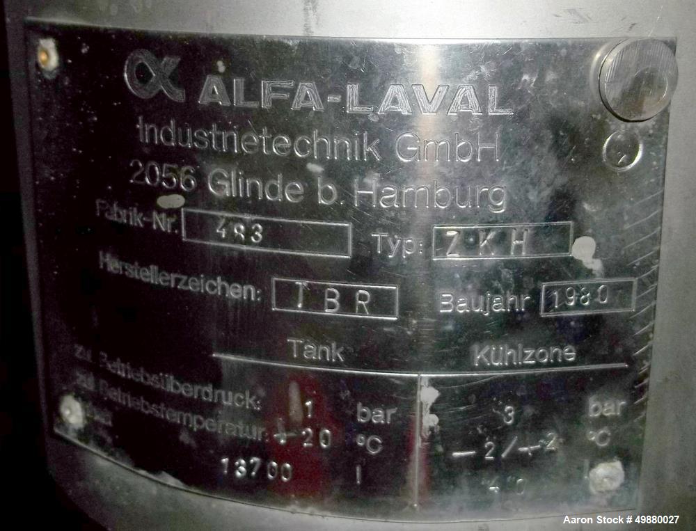 Used Alfa Laval tanks, type ZKH Capacity 13700 liter (3624), 316 stainless steel. Rated for 3 bar (45 PSI) at 20 deg C. (76 deg F). On 3 legs. Serial # 493.