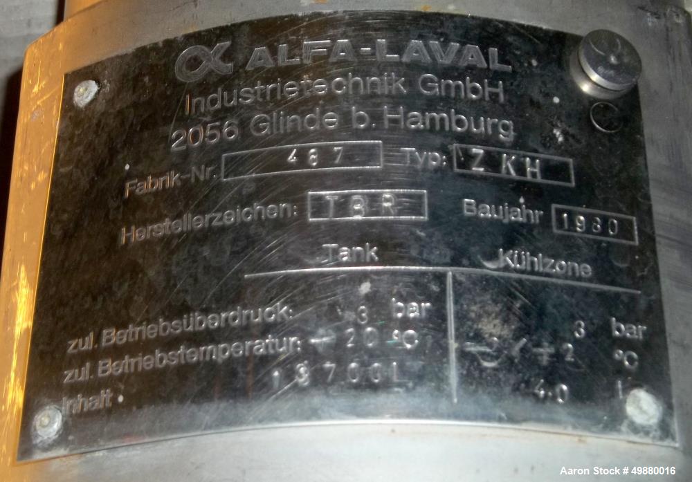 Used Alfa Laval tanks, type ZKH. Capacity 13700 liter (3624), 316 stainless steel. Rated for 3 bar (45 PSI) at 20 deg C. (76 deg F). On 3 legs. Serial # 487.