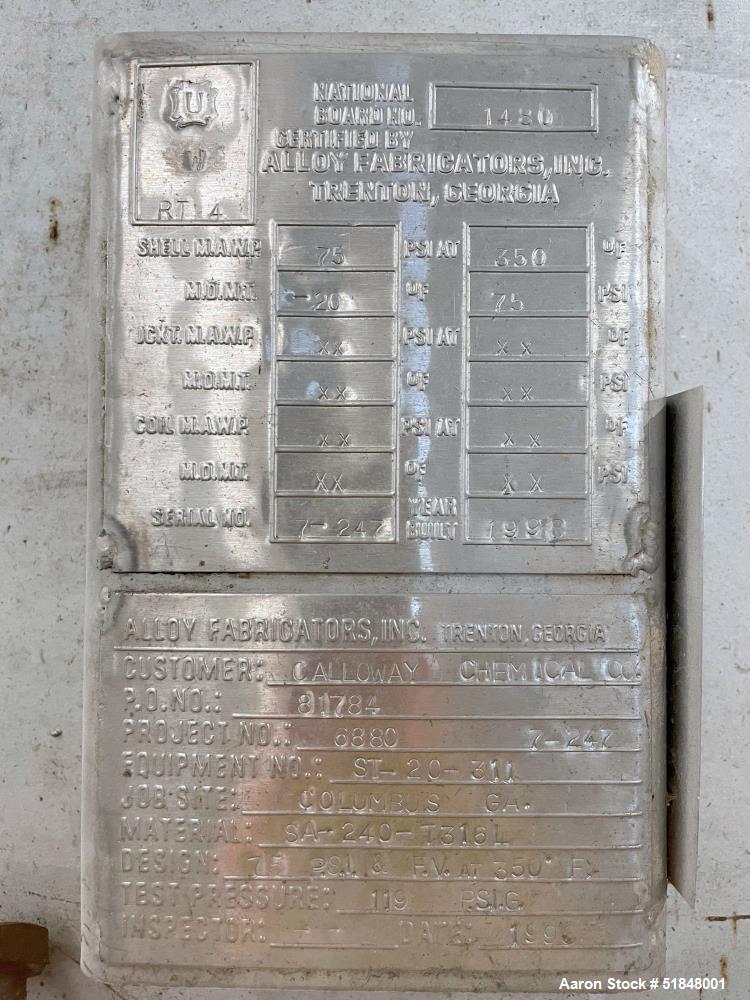 Used Alloy Fabricators Inc. Pressure Tank, 2500 Gallon