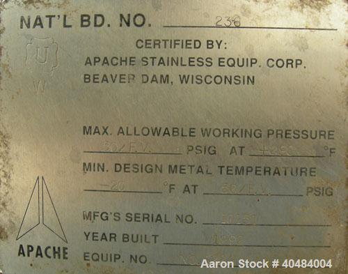 Used Apache Stainless pressure tank, 1000 gallon, 304L stainless steel, vertical. 66" diameter x 66" straight side, dished top and bottom. Internal rated 50/FV at 290 deg F. Insulated with stainless ...