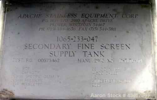 Unused- Apache Stainless Equipment Tank, 4500 Gallon, 304L Stainless Steel, Vertical. 96" Diameter x 144" straight side. Flat welded top, flat bottom. Internal rated atmospheric at 120 degrees F. Fix...