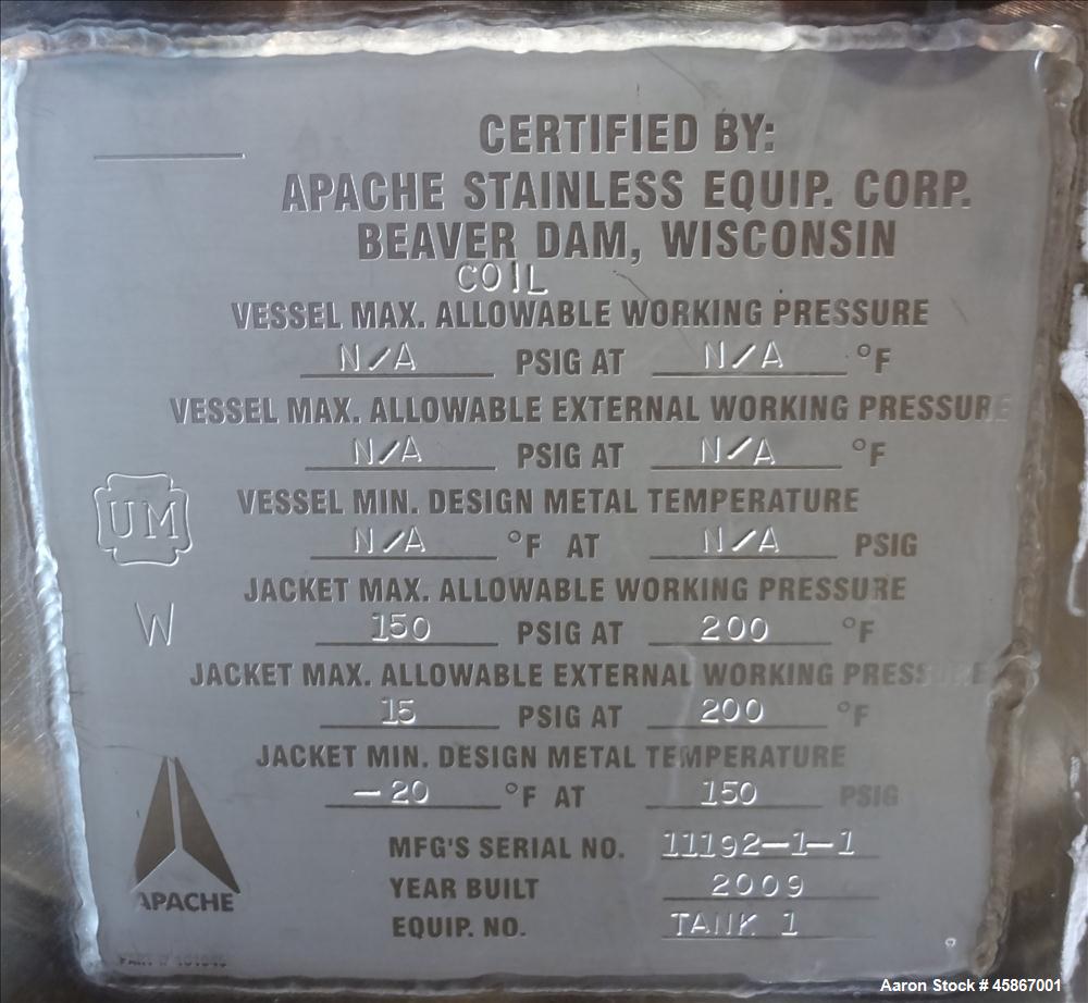 Used Apache Stainless Equipment Tank, 1,010 Gallon, 316L Stainless Steel, Vertical. 76" Diameter x 44" straight side. Dish top and bottom. Internal rated atmospheric to 200 degrees F. 2" Diameter rem...