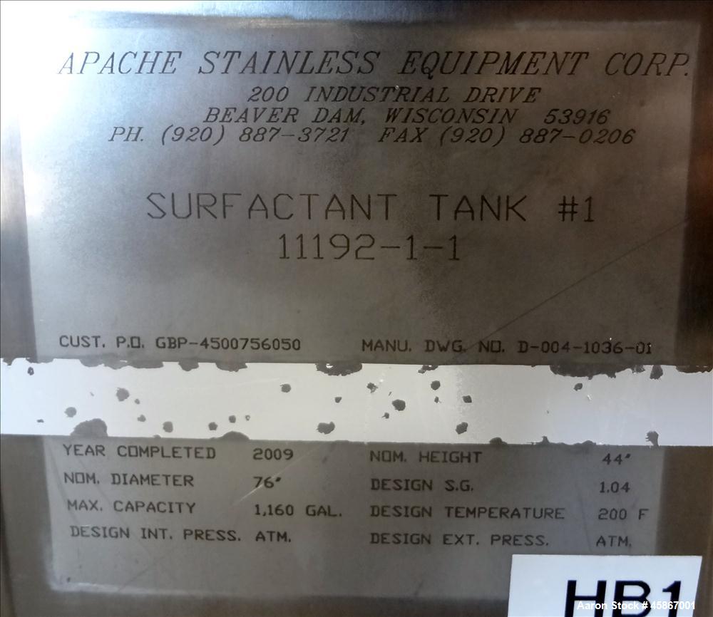 Used Apache Stainless Equipment Tank, 1,010 Gallon, 316L Stainless Steel, Vertical. 76" Diameter x 44" straight side. Dish top and bottom. Internal rated atmospheric to 200 degrees F. 2" Diameter rem...