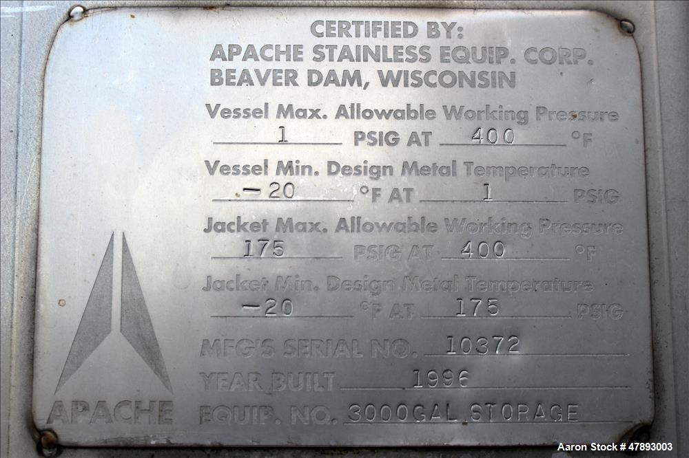 Used Apache Stainless Storage Tank, 3000 Gallon, 304 Stainless Steel, Vertical.