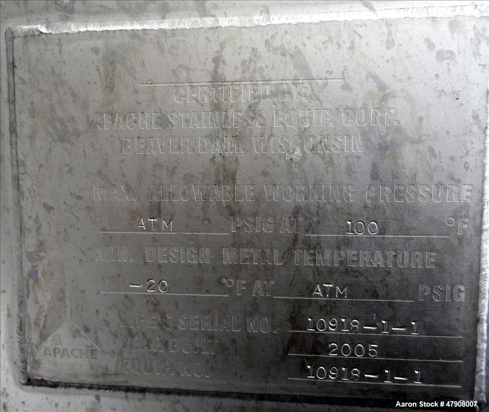 Used Apache Stainless Tank, Approximate 1,000 Gallon, 304 Stainless Steel, Vert