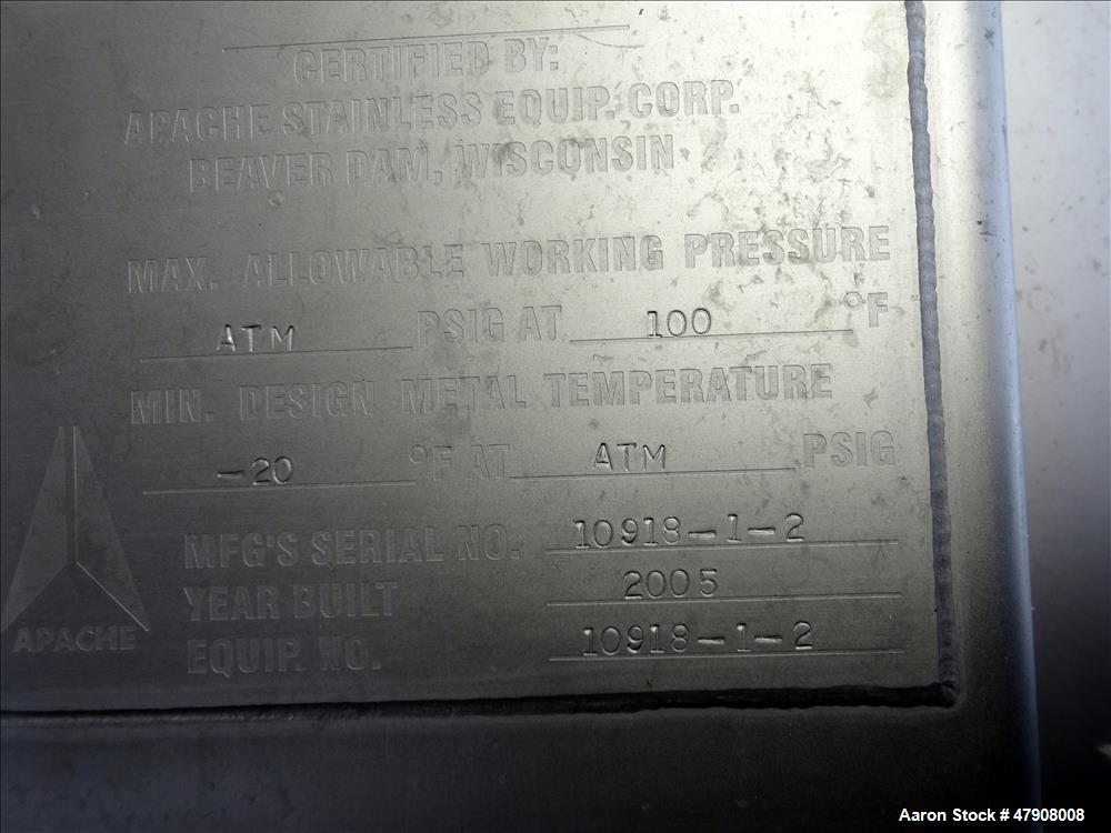 Used Apache Stainless Tank, Approximate 1,000 Gallon, 304 Stainless Steel, Vert