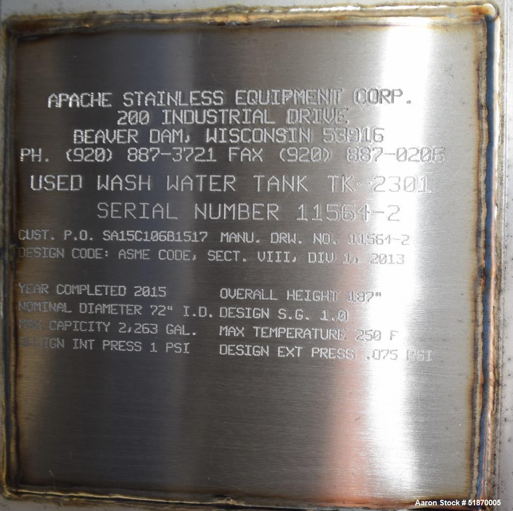 Unused- Apache Stainless Tank, 2263 Gallon, 304L Stainless Steel, Vertical. 72" Diameter x 120" straight side, flat top, coned bottom. Internal rated 1 psi at 250 degrees F. Openings top 2", 3", 4", ...