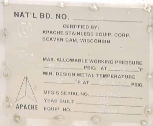 USED:Apache stainless pressure tank, 1000 gallon, 316 stainless steel, vertical. 66" diameter x 64" straight side. Dished top andbottom. Internal rated 50 psi/FV at 400 deg F, insulated with stainles...