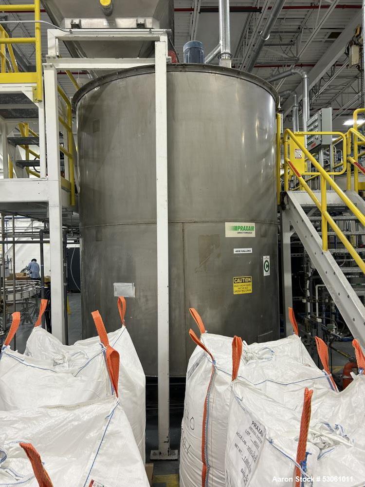 Used Bright Sheet Metal Tank, Approximately 4,000 Gallon, 304 Stainless Steel, Vertical. 100" diameter x 120" straight side. Flat top, coned bottom. 34" x 32" top hinged manway cover, 2" center botto...