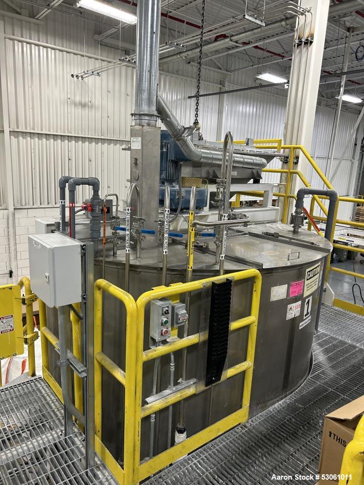 Used Bright Sheet Metal Tank, Approximately 4,000 Gallon, 304 Stainless Steel, Vertical. 100" diameter x 120" straight side. Flat top, coned bottom. 34" x 32" top hinged manway cover, 2" center botto...
