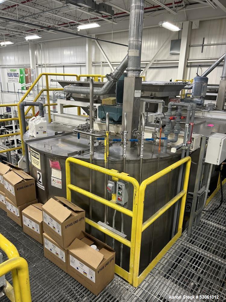 Used Bright Sheet Metal Tank, Approximately 4,000 Gallon, 304 Stainless Steel, Vertical. 100" diameter x 120" straight side. Flat top, coned bottom. 34" x 32" top hinged manway cover, 2" center botto...