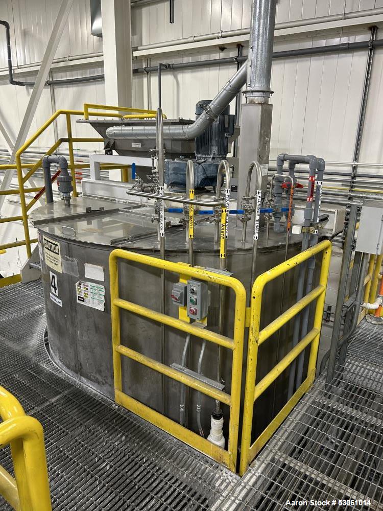 Used Bright Sheet Metal Tank, Approximately 4,000 Gallon, 304 Stainless Steel, Vertical. 100" diameter x 120" straight side. Flat top, coned bottom. 34" x 32" top hinged manway cover, 2" center botto...