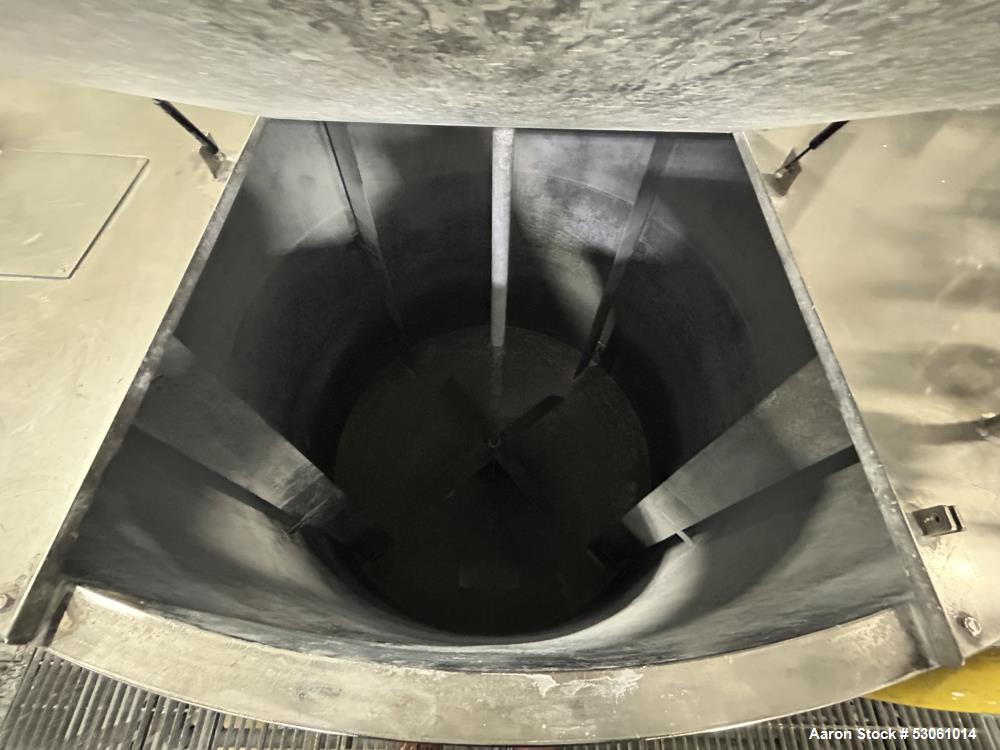 Used Bright Sheet Metal Tank, Approximately 4,000 Gallon, 304 Stainless Steel, Vertical. 100" diameter x 120" straight side. Flat top, coned bottom. 34" x 32" top hinged manway cover, 2" center botto...