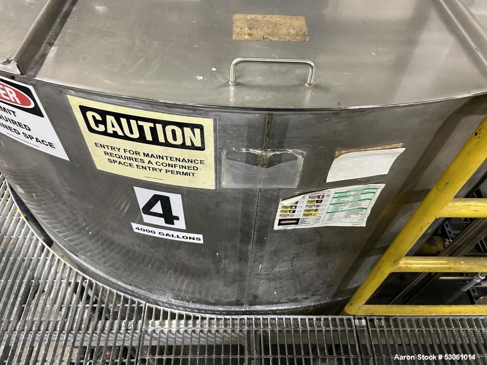 Used Bright Sheet Metal Tank, Approximately 4,000 Gallon, 304 Stainless Steel, Vertical. 100" diameter x 120" straight side. Flat top, coned bottom. 34" x 32" top hinged manway cover, 2" center botto...
