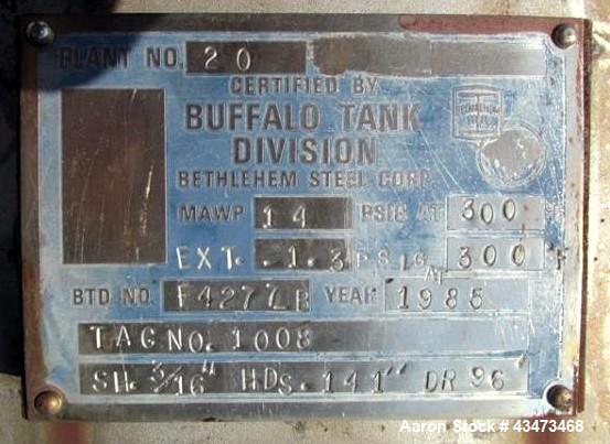 Used Buffalo Pressure Tank, 4,000 Gallon, 304 Stainless Steel, Vertical. Approximate 96" diameter x 117" straight side, dish top & bottom. Internal rated 14 psi at 300 degrees F. Openings top (2) 1",...
