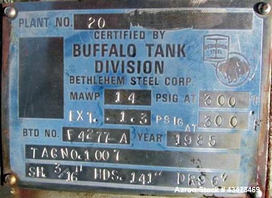 Used- Buffalo Pressure Tank, 4,000 Gallon, 304 Stainless Steel, Vertical. Approximate 96" diameter x 117" straight side, dis...