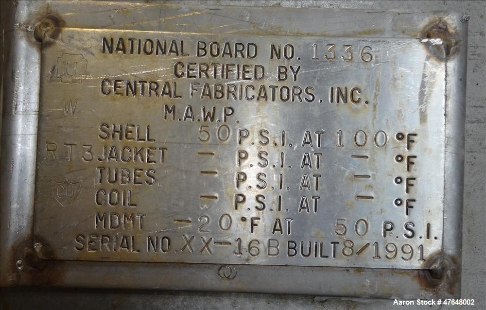 Used Central Fabricators Inc. Tank, Approximate 1,400 Gallon, 304 Stainless Ste