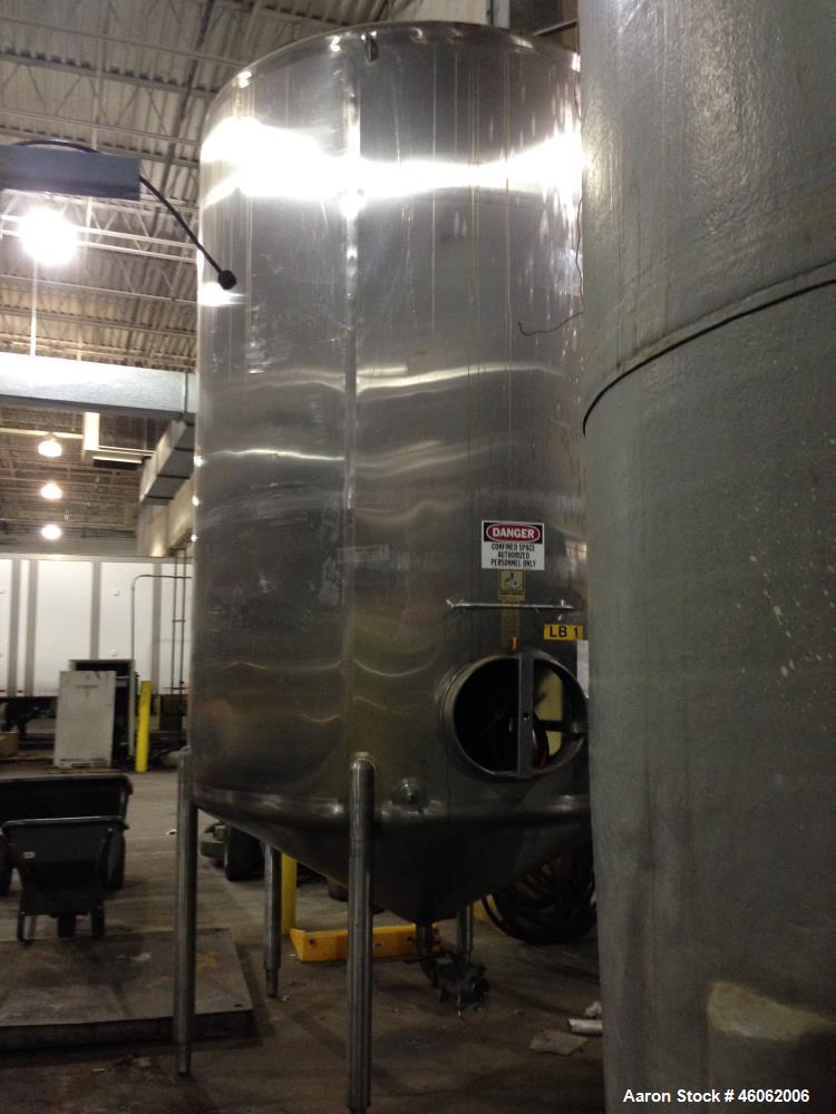 Used Cherry Burrell 3000 Gallon Sanitary Stainless Steel Storage Tank. Model/Serial Number - 3000 CVS 87 3022. Approx. 6'6" Diameter x 9'3" Straight side. Dish Top, Cone Bottom. 16" x 20" Side Manway...