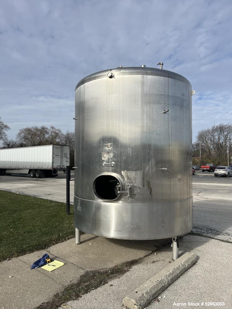 Used Cherry Burrell Model CV- 3000 Gallon Stainless Steel Vertical Tank. Approx. 95" Diameter x 96" Straight Side (weld to weld). Dished Heads. Center Bottom Outlet. Side Oval Manway is 16" x 20". Mo...