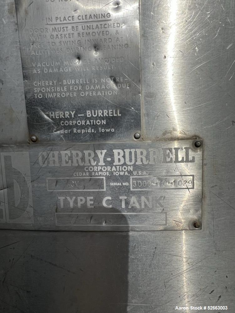 Used Cherry Burrell Model CV- 3000 Gallon Stainless Steel Vertical Tank. Approx. 95" Diameter x 96" Straight Side (weld to weld). Dished Heads. Center Bottom Outlet. Side Oval Manway is 16" x 20". Mo...
