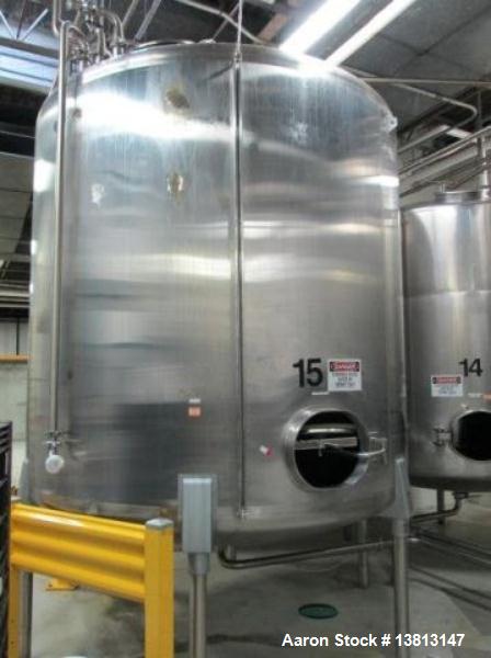 Used Cherry Burrell Stainless Steel Tank with  5 hp side agitator, 8' straight wall, 9' diameter, 15' overall length, domed top/bottom, (6) stainless steel legs, top and front manways, center bottom ...