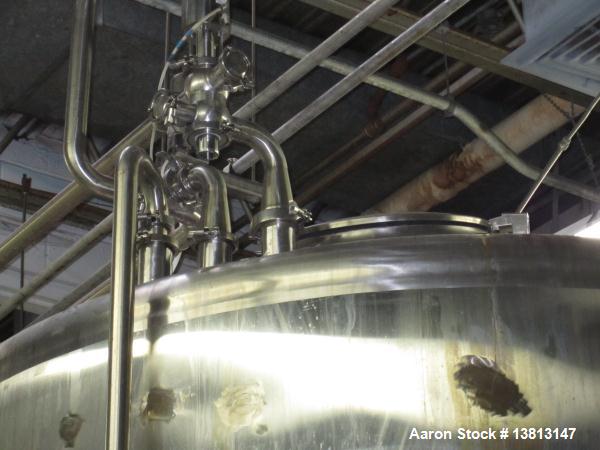 Used Cherry Burrell Stainless Steel Tank with  5 hp side agitator, 8' straight wall, 9' diameter, 15' overall length, domed top/bottom, (6) stainless steel legs, top and front manways, center bottom ...