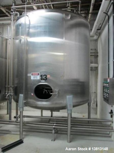 Used Cherry Burrell Stainless Steel Tank with  5 hp side agitator, 8' straight wall, 9' diameter, 15' overall length, domed top/bottom, (6) stainless steel legs, top and front manways, center bottom ...