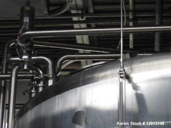 Used Cherry Burrell Stainless Steel Tank with  5 hp side agitator, 8' straight wall, 9' diameter, 15' overall length, domed top/bottom, (6) stainless steel legs, top and front manways, center bottom ...