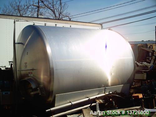 Unused-Used 3000 gallon stainless steel tank. Manufactured by Cherry Burrell. Approximately 87 inches in diameter X 117” long. Sanitary finish. Includes spray ball and side entering agitator. Lst use...