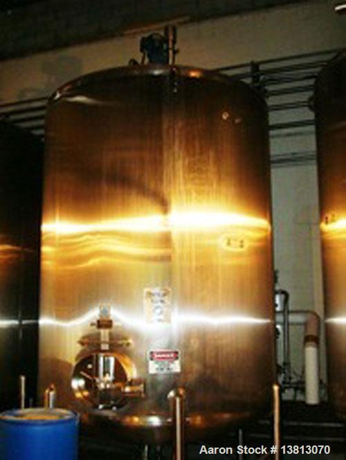 Used Cherry Burrell 3,700 Gallon Top Agitated Mixing Tank. Single wall top agitated mixing tank with dual CIP spray ball and dual agitators on shaft. Dish top and dish bottom with 4" bottom center di...