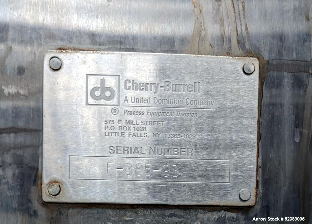 Used Cherry Burrell 1,000 Gallon Stainless Steel Tank, Vertical. Approximate 60" diameter x 76" straight side. Dished top and bottom. Openings top: (1) 2-1/2" sanitary thread reduced to 1-1/2" tri-cl...