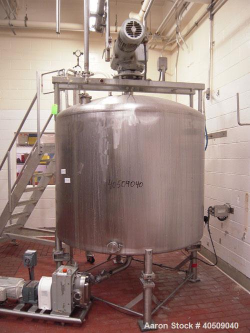 Used Creamery Package Tank, 1000 Gallon, stainless steel, vertical. 72" diameter x 54" straight side. Dished top, coned bottom. Fixed carbon steel agitator bridge, bottom supported anchor agitator wi...