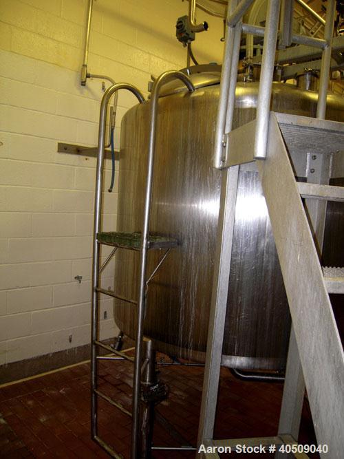 Used Creamery Package Tank, 1000 Gallon, stainless steel, vertical. 72" diameter x 54" straight side. Dished top, coned bottom. Fixed carbon steel agitator bridge, bottom supported anchor agitator wi...
