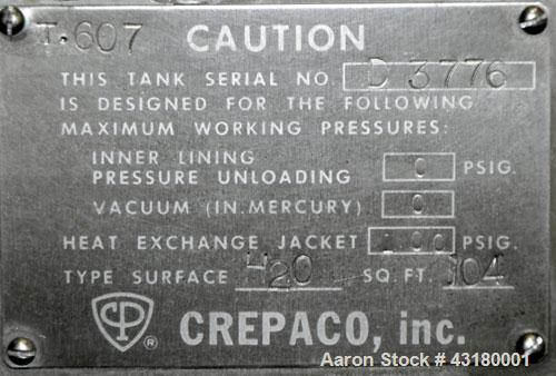 Used- Crepaco Processor Kettle, 2500 Gallon, 304 Stainless Steel, Vertical. 96’’ Diameter x 76’’ straight side, dished top, ...