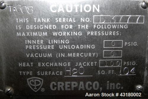 Used Crepaco Processor Kettle, 2500 Gallon, 304 Stainless Steel, Vertical. 96’’ Diameter x 76’’ straight side, dished top, coned bottom. 36’’ Section (75 square feet) on side wall, and 29 square feet...