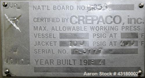 Used Crepaco Processor Kettle, 2500 Gallon, 304 Stainless Steel, Vertical. 96’’ Diameter x 76’’ straight side, dished top, coned bottom. 36’’ Section (75 square feet) on side wall, and 29 square feet...