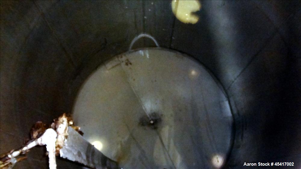 Used Crepaco Tank, 3500 Gallons, 304 Stainless Steel, Vertical. Approximate 96" Diameter x 118" Straight Side. Dish top (dented), coned bottom. Fixed stainless steel agitator bridge, (1) baffle, (1) ...