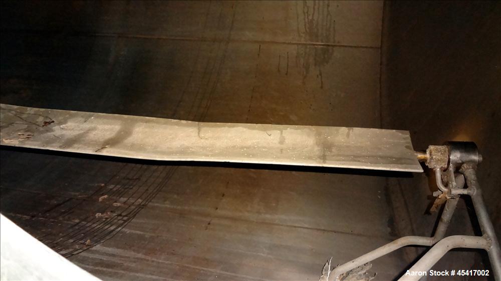 Used Crepaco Tank, 3500 Gallons, 304 Stainless Steel, Vertical. Approximate 96" Diameter x 118" Straight Side. Dish top (dented), coned bottom. Fixed stainless steel agitator bridge, (1) baffle, (1) ...