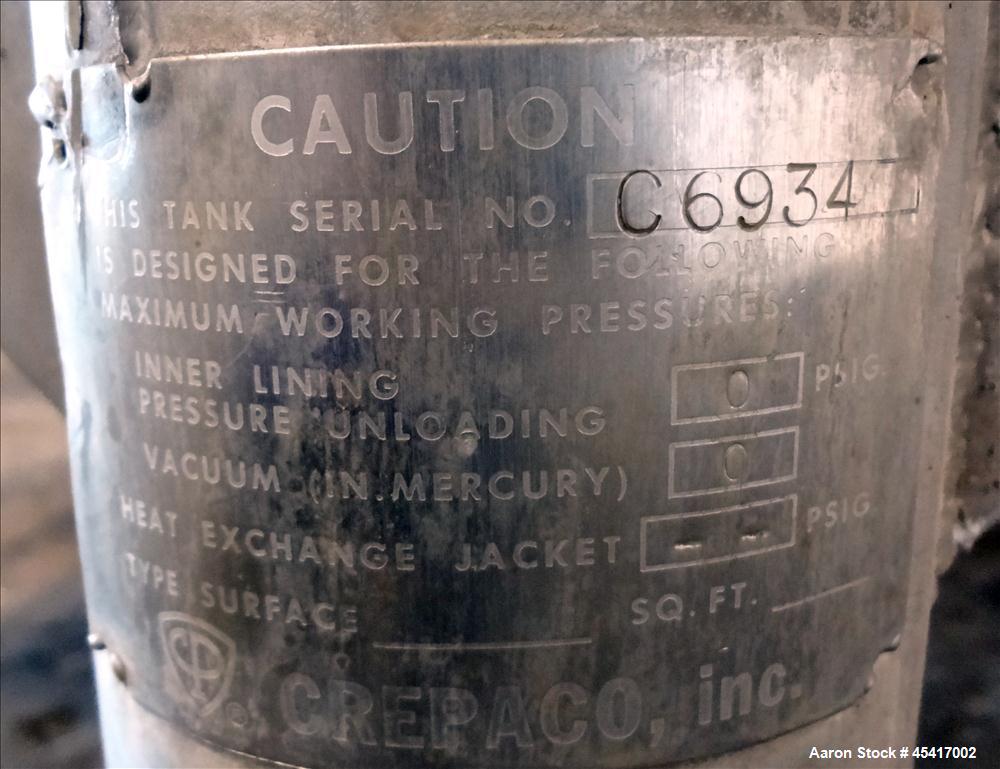 Used Crepaco Tank, 3500 Gallons, 304 Stainless Steel, Vertical. Approximate 96" Diameter x 118" Straight Side. Dish top (dented), coned bottom. Fixed stainless steel agitator bridge, (1) baffle, (1) ...