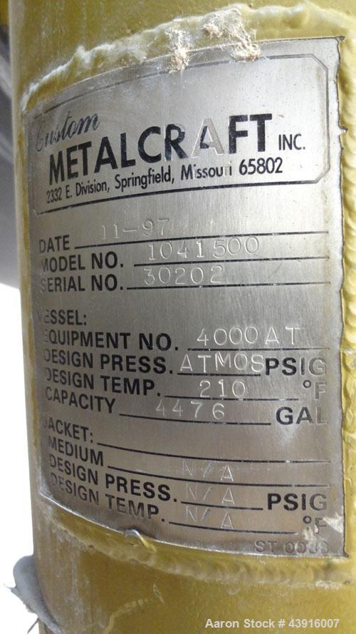 Used Custom Metalcraft Tank, 4,476 Gallon, 304 Stainless Steel, Vertical. Approximately 98” diameter x 120” straight side, dished top and bottom. Rated atmospheric at 210 degrees F.  Off center top e...