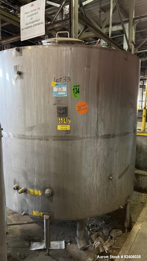 Used-Industries D'Acler Tank, Approximate 6625 Liter (1750 Gallon), 304 Stainless Steel, Vertical. Approximate 78" diameter ...