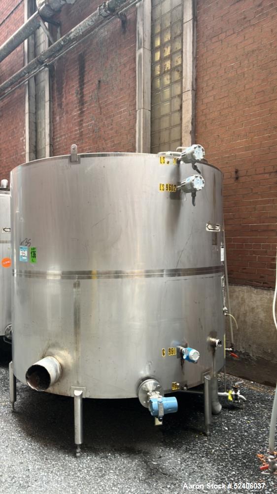 Used Industries D'Acler Tank, Approximate 6625 Liter (1750 Gallon), 304 Stainless Steel, Vertical. Approximate 78" diameter x 72" straight side, coned top & bottom. Mounted on 4 stainless legs. Seria...