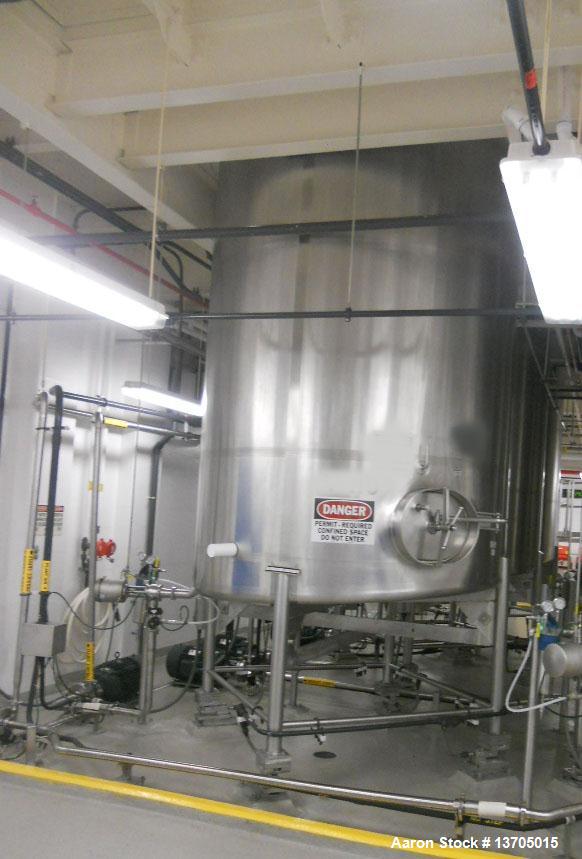 Used 3000 Gallon DCI Sanitary Stainless Steel Vertical Mix Tank, type 316L sanitary stainless steel construction.  7' Diameter x 10'6" straight side; sanitary stainless steel construction; slant bott...